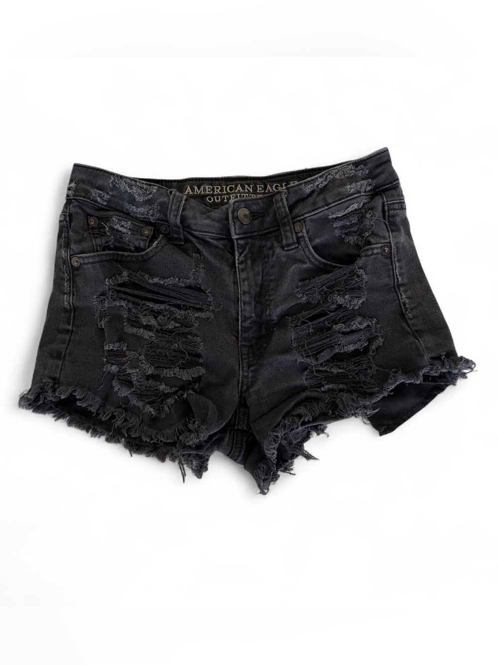 American Eagle Black Vintage Hi-Rise Festival Denim Shorts Frayed Hem Size 0